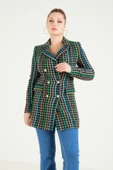 Kadın Kazayağı Desenli Metal Düğme Detaylı Ceket Yeşil - 6