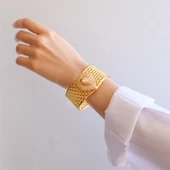 İmitasyon Trabzon Hasırı Altın Kaplama Taşlı Sepet Örgü Kelepçe BLZ-599 - 2