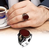 Akik Kırmızı Taşlı Tuğra Desenli 925 Gümüş Erkek Yüzük - 9
