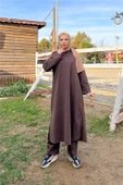 O Yaka Yırtmançlı Uzun Geniş Rahat Tunik Pantolon Sade Basic Spor Takımı - 03040.028 - Kahverengi thumbnail 1