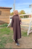 O Yaka Yırtmançlı Uzun Geniş Rahat Tunik Pantolon Sade Basic Spor Takımı - 03040.028 - Kahverengi thumbnail 6