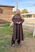 O Yaka Yırtmançlı Uzun Geniş Rahat Tunik Pantolon Sade Basic Spor Takımı - 03040.028 - Kahverengi thumbnail 5