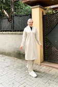 Bisiklet Yaka Fermuarlı Uzun Tunik Sade Basic Spor Takımı - 03044.027 - Ekru - 3