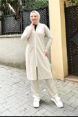 Bisiklet Yaka Fermuarlı Uzun Tunik Sade Basic Spor Takımı - 03044.027 - Ekru - 9