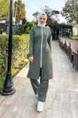 Bisiklet Yaka Fermuarlı Uzun Tunik Sade Basic Spor Takımı - 03044.005 - Haki thumbnail 2