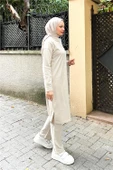 Bisiklet Yaka Fermuarlı Uzun Tunik Sade Basic Spor Takımı - 03044.027 - Ekru - 4