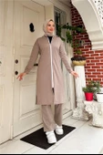 Bisiklet Yaka Fermuarlı Uzun Tunik Sade Basic Spor Takımı - 03044.016 - Vizon - 7
