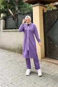 Bisiklet Yaka Fermuarlı Uzun Tunik Sade Basic Spor Takımı - 03044.207 - Koyu Lila - 2