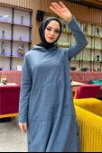 Kapşonlu Yandat Çıtçıtlı Sade Basic Uzun Tunik ve Pantolon İkili Spor Takım - 03071.006 - İndigo - 10