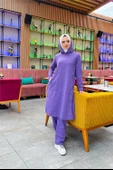 Kapşonlu Yandat Çıtçıtlı Sade Basic Uzun Tunik ve Pantolon İkili Spor Takım - 03071.207 - Koyu Lila - 12