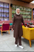 Kapşonlu Düğmeli Sade Basic Uzun Tunik ve Pantolon İkili Spor Takım - 03072.028 - Kahverengi thumbnail 2