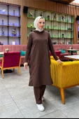 Kapşonlu Yandat Çıtçıtlı Sade Basic Uzun Tunik ve Pantolon İkili Spor Takım - 03071.028 - Kahverengi - 12