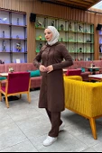 Kapşonlu Düğmeli Sade Basic Uzun Tunik ve Pantolon İkili Spor Takım - 03072.028 - Kahverengi thumbnail 5