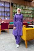 Kapşonlu Düğmeli Sade Basic Uzun Tunik ve Pantolon İkili Spor Takım - 03072.207 - Koyu Lila - 6