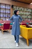 Kapşonlu Yandat Çıtçıtlı Sade Basic Uzun Tunik ve Pantolon İkili Spor Takım - 03071.006 - İndigo - 8