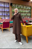 Kapşonlu Yandat Çıtçıtlı Sade Basic Uzun Tunik ve Pantolon İkili Spor Takım - 03071.028 - Kahverengi - 11