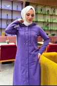 Kapşonlu Düğmeli Sade Basic Uzun Tunik ve Pantolon İkili Spor Takım - 03072.207 - Koyu Lila - 8