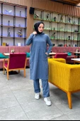 Kapşonlu Yandat Çıtçıtlı Sade Basic Uzun Tunik ve Pantolon İkili Spor Takım - 03071.006 - İndigo - 2