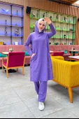 Kapşonlu Yandat Çıtçıtlı Sade Basic Uzun Tunik ve Pantolon İkili Spor Takım - 03071.207 - Koyu Lila - 9