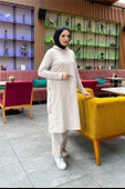 Kapşonlu Yandat Çıtçıtlı Sade Basic Uzun Tunik ve Pantolon İkili Spor Takım - 03071.027 - Ekru - 1