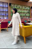 Kapşonlu Yandat Çıtçıtlı Sade Basic Uzun Tunik ve Pantolon İkili Spor Takım - 03071.027 - Ekru - 5