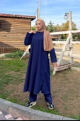 O Yaka Yırtmançlı Uzun Geniş Rahat Tunik Pantolon Sade Basic Spor Takımı - 03040.006 - İndigo - 3