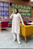 Kapşonlu Yandat Çıtçıtlı Sade Basic Uzun Tunik ve Pantolon İkili Spor Takım - 03071.027 - Ekru - 4