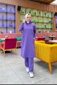 Kapşonlu Yandat Çıtçıtlı Sade Basic Uzun Tunik ve Pantolon İkili Spor Takım - 03071.207 - Koyu Lila - 8