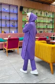 Kapşonlu Yandat Çıtçıtlı Sade Basic Uzun Tunik ve Pantolon İkili Spor Takım - 03071.207 - Koyu Lila - 10