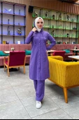 Kapşonlu Düğmeli Sade Basic Uzun Tunik ve Pantolon İkili Spor Takım - 03072.207 - Koyu Lila - 11