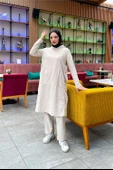 Kapşonlu Yandat Çıtçıtlı Sade Basic Uzun Tunik ve Pantolon İkili Spor Takım - 03071.027 - Ekru - 3