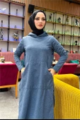 Kapşonlu Yandat Çıtçıtlı Sade Basic Uzun Tunik ve Pantolon İkili Spor Takım - 03071.006 - İndigo - 12