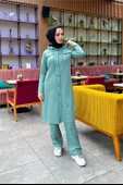 Kapşonlu Düğmeli Sade Basic Uzun Tunik ve Pantolon İkili Spor Takım - 03072.100 - Çağla Yeşili thumbnail 5