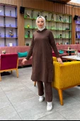 Kapşonlu Yandat Çıtçıtlı Sade Basic Uzun Tunik ve Pantolon İkili Spor Takım - 03071.028 - Kahverengi - 8