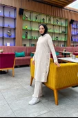 Kapşonlu Yandat Çıtçıtlı Sade Basic Uzun Tunik ve Pantolon İkili Spor Takım - 03071.027 - Ekru - 9