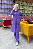 Kapşonlu Düğmeli Sade Basic Uzun Tunik ve Pantolon İkili Spor Takım - 03072.207 - Koyu Lila - 5