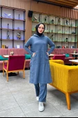 Kapşonlu Yandat Çıtçıtlı Sade Basic Uzun Tunik ve Pantolon İkili Spor Takım - 03071.006 - İndigo - 1