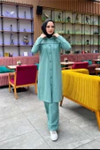 Kapşonlu Düğmeli Sade Basic Uzun Tunik ve Pantolon İkili Spor Takım - 03072.100 - Çağla Yeşili thumbnail 6