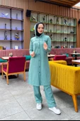 Kapşonlu Düğmeli Sade Basic Uzun Tunik ve Pantolon İkili Spor Takım - 03072.100 - Çağla Yeşili thumbnail 9