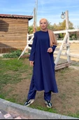 O Yaka Yırtmançlı Uzun Geniş Rahat Tunik Pantolon Sade Basic Spor Takımı - 03040.006 - İndigo - 1