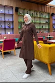 Kapşonlu Düğmeli Sade Basic Uzun Tunik ve Pantolon İkili Spor Takım - 03072.028 - Kahverengi thumbnail 4