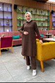 Kapşonlu Yandat Çıtçıtlı Sade Basic Uzun Tunik ve Pantolon İkili Spor Takım - 03071.028 - Kahverengi - 9