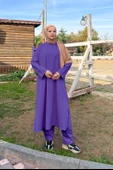 O Yaka Yırtmançlı Uzun Geniş Rahat Tunik Pantolon Sade Basic Spor Takımı - 03040.207 - Koyu Lila - 4