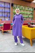 Kapşonlu Yandat Çıtçıtlı Sade Basic Uzun Tunik ve Pantolon İkili Spor Takım - 03071.207 - Koyu Lila - 1