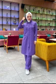 Kapşonlu Düğmeli Sade Basic Uzun Tunik ve Pantolon İkili Spor Takım - 03072.207 - Koyu Lila - 12