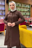 Kapşonlu Düğmeli Sade Basic Uzun Tunik ve Pantolon İkili Spor Takım - 03072.028 - Kahverengi thumbnail 10