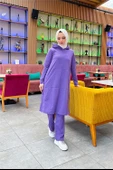 Kapşonlu Yandat Çıtçıtlı Sade Basic Uzun Tunik ve Pantolon İkili Spor Takım - 03071.207 - Koyu Lila - 5