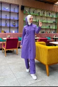 Kapşonlu Düğmeli Sade Basic Uzun Tunik ve Pantolon İkili Spor Takım - 03072.207 - Koyu Lila - 10