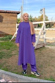 O Yaka Yırtmançlı Uzun Geniş Rahat Tunik Pantolon Sade Basic Spor Takımı - 03040.207 - Koyu Lila - 6