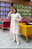 Kapşonlu Yandat Çıtçıtlı Sade Basic Uzun Tunik ve Pantolon İkili Spor Takım - 03071.027 - Ekru - 7
